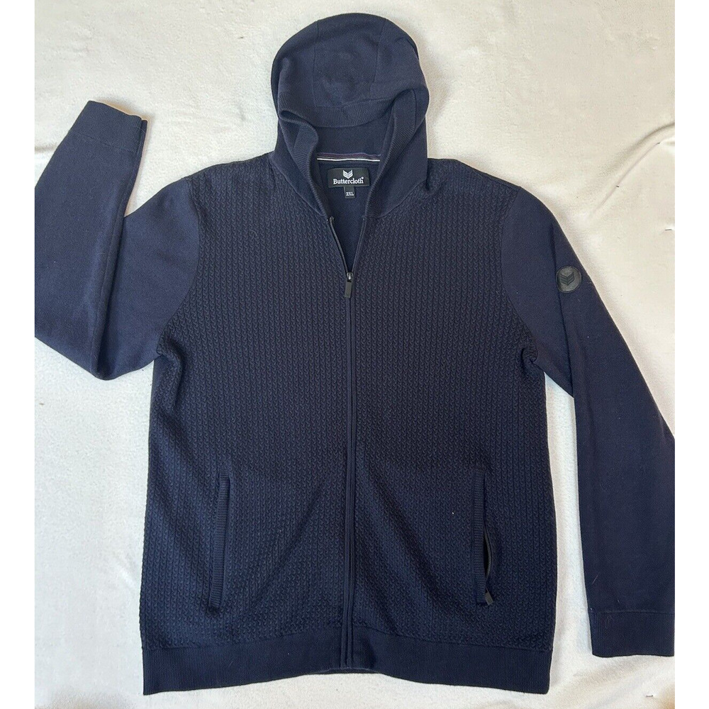 Buttercloth Navy Men’s Full Zip Jacket Hooded Sweatshirt Hoodie SZ 2XL pockets